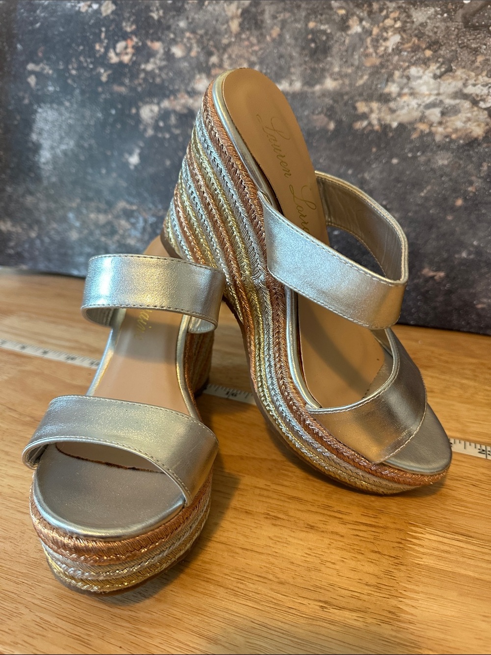 Lauren Lorraine Silver Metallic Espadrille Wedge Sandals
